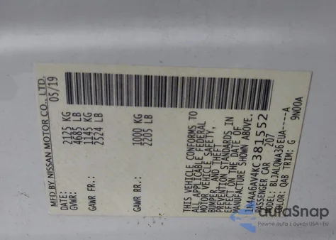 2019 Nissan Maxima 3.5 S z USA, uszkodzony, nr VIN 1N4AA6AV4KC381552